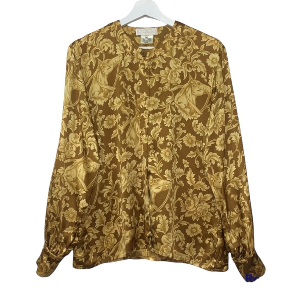 Escada Silk Gold Equestrian Old Money Floral Print Blouse Sz 40 Sz Medium